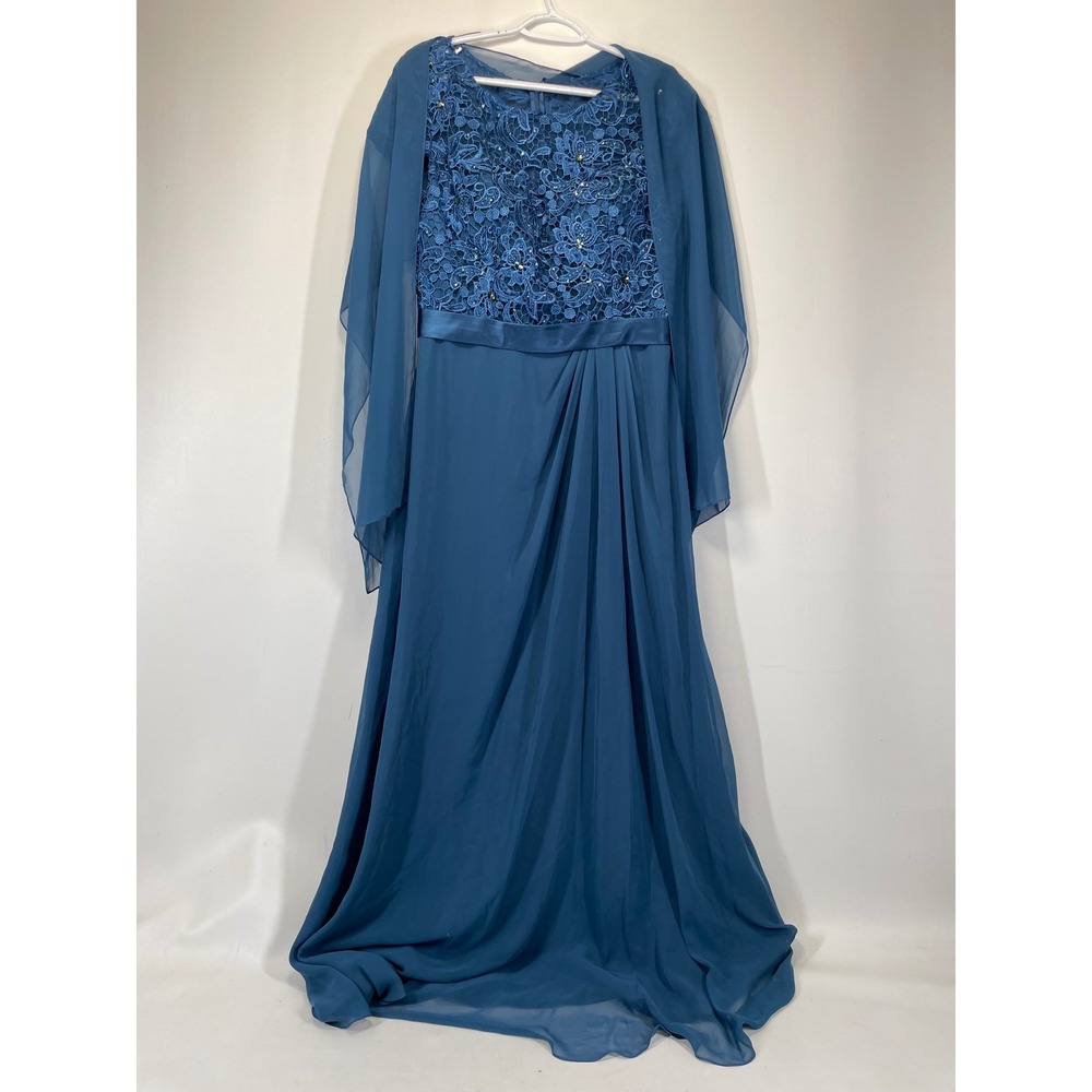 Cinderella Divine 1922 Teal Blue Lace Chiffon Gown with Wrap Scarf Womens Large